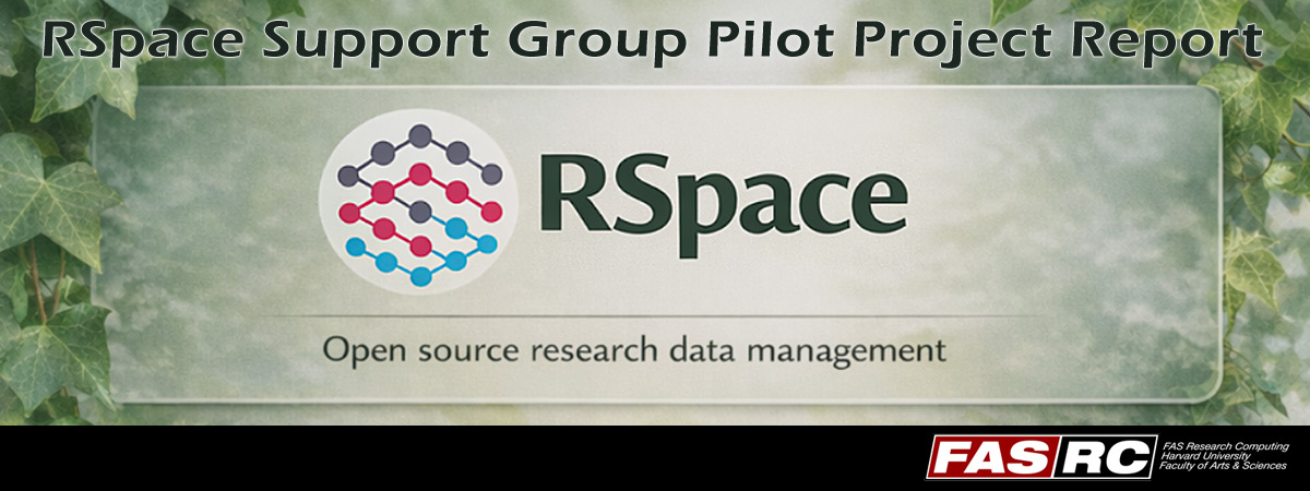 RSpace support group pilot project report. Test on a greaan background with the RSpace logo: a white circle with colored connected dots inside of it.